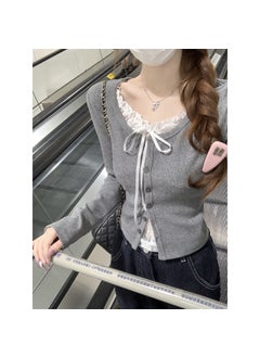 Autumn/Winter Korean Style Pure Desire Lace Color Block Single-Breasted Two-Piece Illusion Long Sleeve Base Layer Top T-Shirt Fo Gray