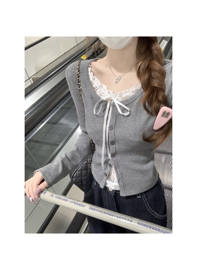 Generic - Autumn/Winter Korean Style Pure Desire Lace Color Block Single-Breasted Two-Piece Illusion Long Sleeve Base Layer Top T-Shirt Fo Gray - Image 1