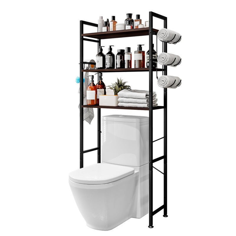 Dazioter Over The Toilet Storage Rack 3 Tier Bathroom Organizer Shelf Over Toilet Freestanding Space Saver Toilet Stands with 10 Hooks Multifunctional (BlackOak) - Image 1