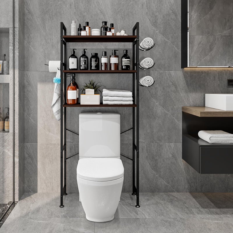 Dazioter Over The Toilet Storage Rack 3 Tier Bathroom Organizer Shelf Over Toilet Freestanding Space Saver Toilet Stands with 10 Hooks Multifunctional (BlackOak) - Image 2