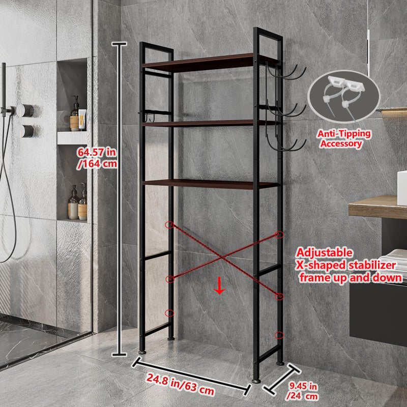 Dazioter Over The Toilet Storage Rack 3 Tier Bathroom Organizer Shelf Over Toilet Freestanding Space Saver Toilet Stands with 10 Hooks Multifunctional (BlackOak) - Image 4