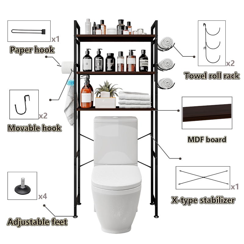 Dazioter Over The Toilet Storage Rack 3 Tier Bathroom Organizer Shelf Over Toilet Freestanding Space Saver Toilet Stands with 10 Hooks Multifunctional (BlackOak) - Image 3