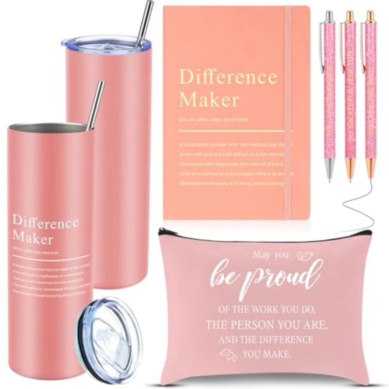 6 Pcs Difference Maker Gift Employee Appreciation Thank You Gift for Women Teacher Nurse 20 oz Tumbler Leather Journal Ballpoint Pens Makeup Bag for Graduation - Image 1