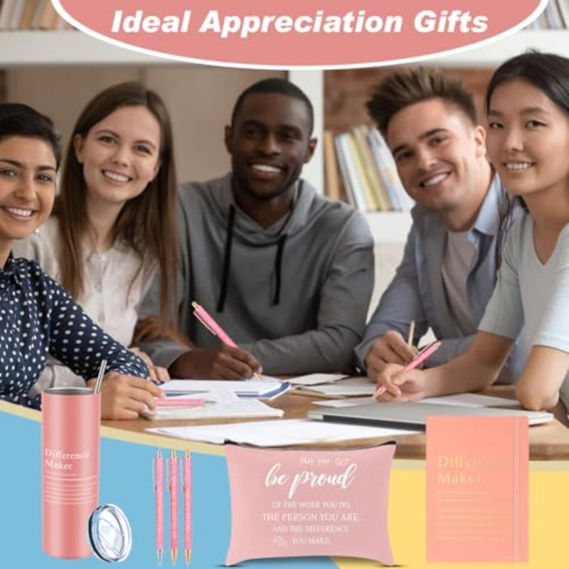 6 Pcs Difference Maker Gift Employee Appreciation Thank You Gift for Women Teacher Nurse 20 oz Tumbler Leather Journal Ballpoint Pens Makeup Bag for Graduation - Image 5