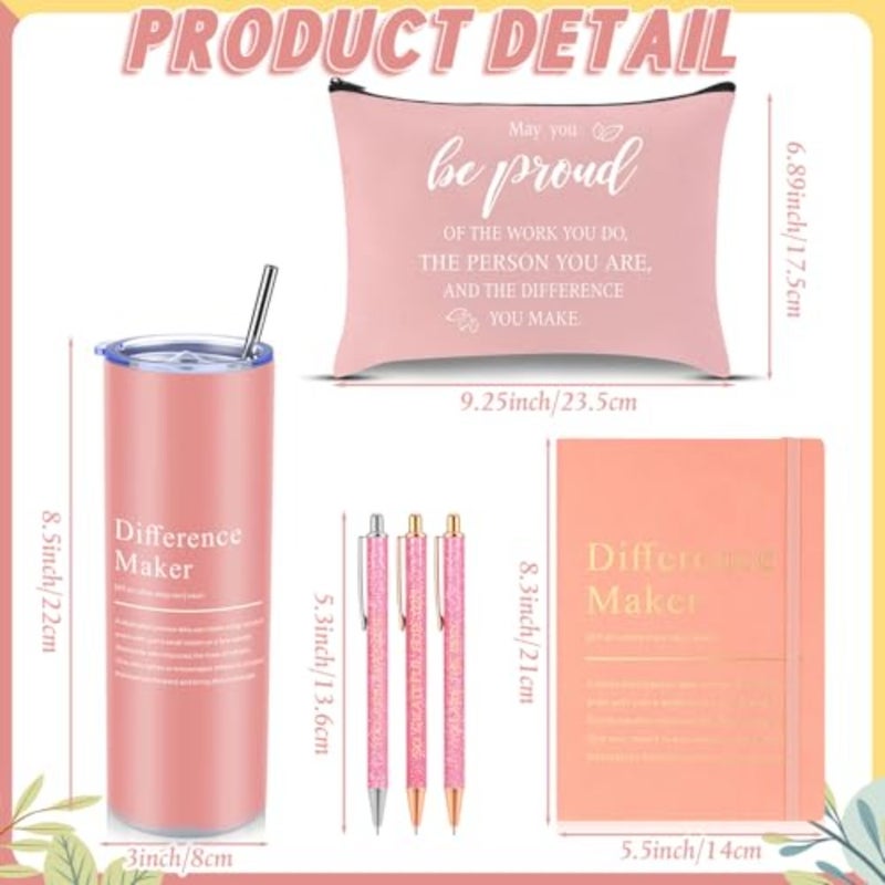 6 Pcs Difference Maker Gift Employee Appreciation Thank You Gift for Women Teacher Nurse 20 oz Tumbler Leather Journal Ballpoint Pens Makeup Bag for Graduation - Image 2
