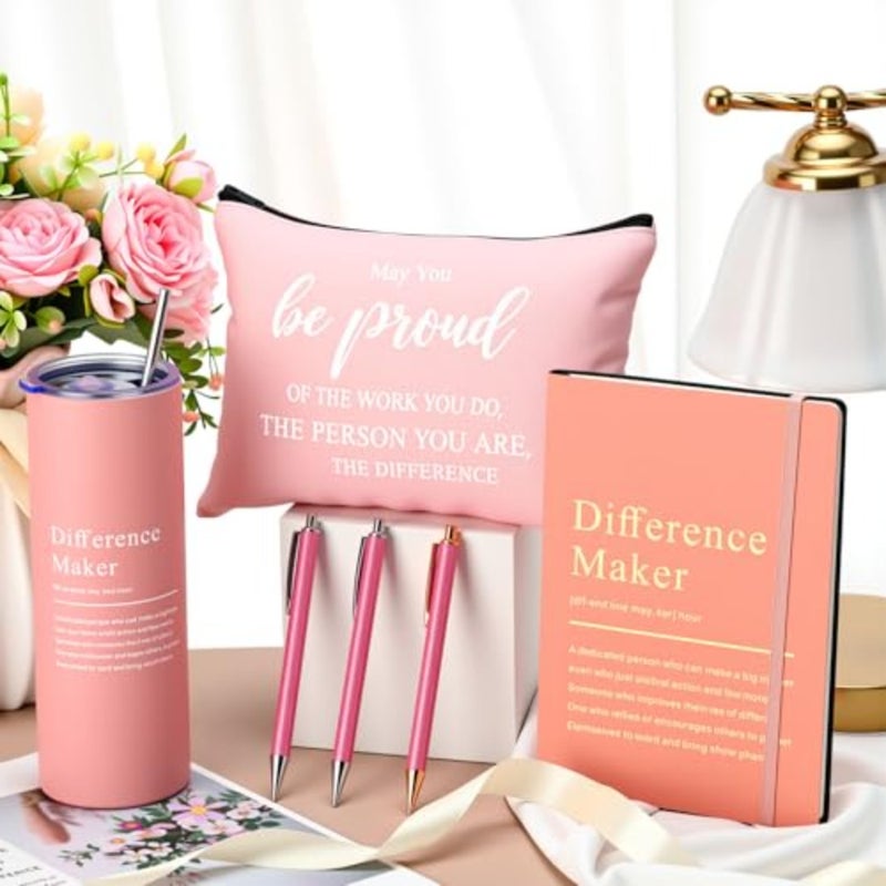 6 Pcs Difference Maker Gift Employee Appreciation Thank You Gift for Women Teacher Nurse 20 oz Tumbler Leather Journal Ballpoint Pens Makeup Bag for Graduation - Image 4