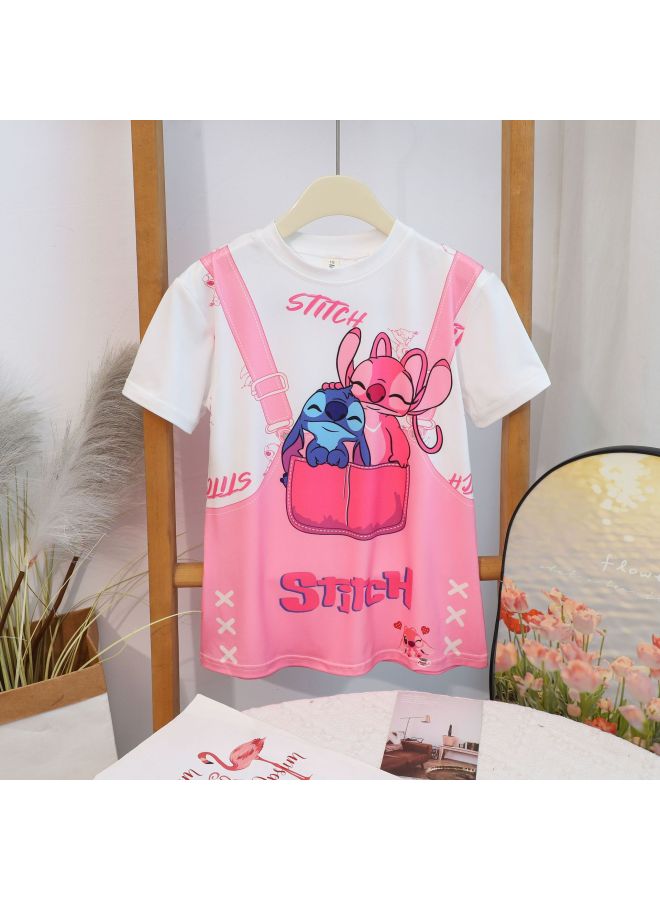 Summer New Female Baby T-shirt One-piece Dress Cute Cartoon Small And Medium-sized Children's Dress Short-sleeved Round Neck Fake Two-piece Fashion