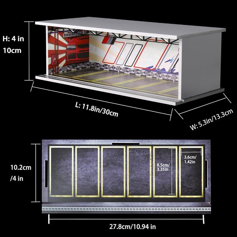 G-FANS 1/64 Scale Hot die-cast Wheels Model car scenarios Display case with LED Light and Acrylic Cover, Scenes Parking lot Diorama Storage Garage Box with 6 Parking Spaces (Fuji) - Image 2