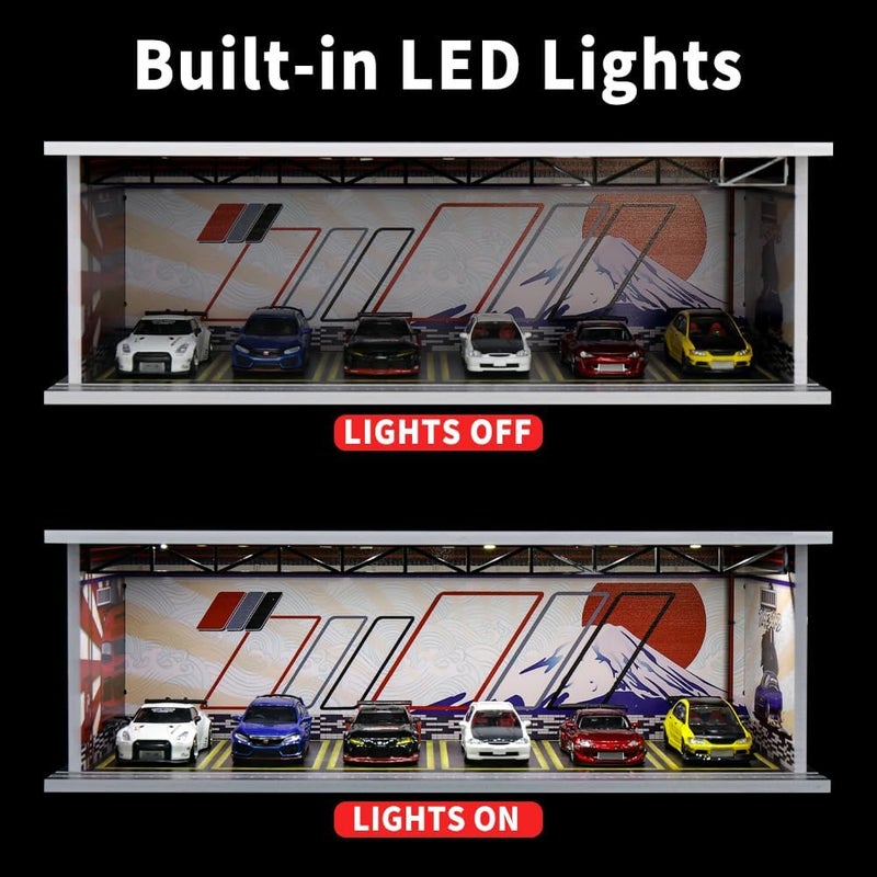 G-FANS 1/64 Scale Hot die-cast Wheels Model car scenarios Display case with LED Light and Acrylic Cover, Scenes Parking lot Diorama Storage Garage Box with 6 Parking Spaces (Fuji) - Image 3