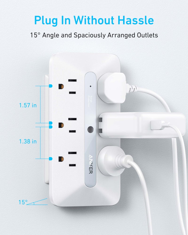 Anker Outlet Extender, Power Strip with 300J Surge Protector, 10-in-1 with 6 AC, 2 USB A, 2 USB C Ports, Wide-Spaces Outlets and 20W Fast Charging, Dorm Room Essentials - Image 5