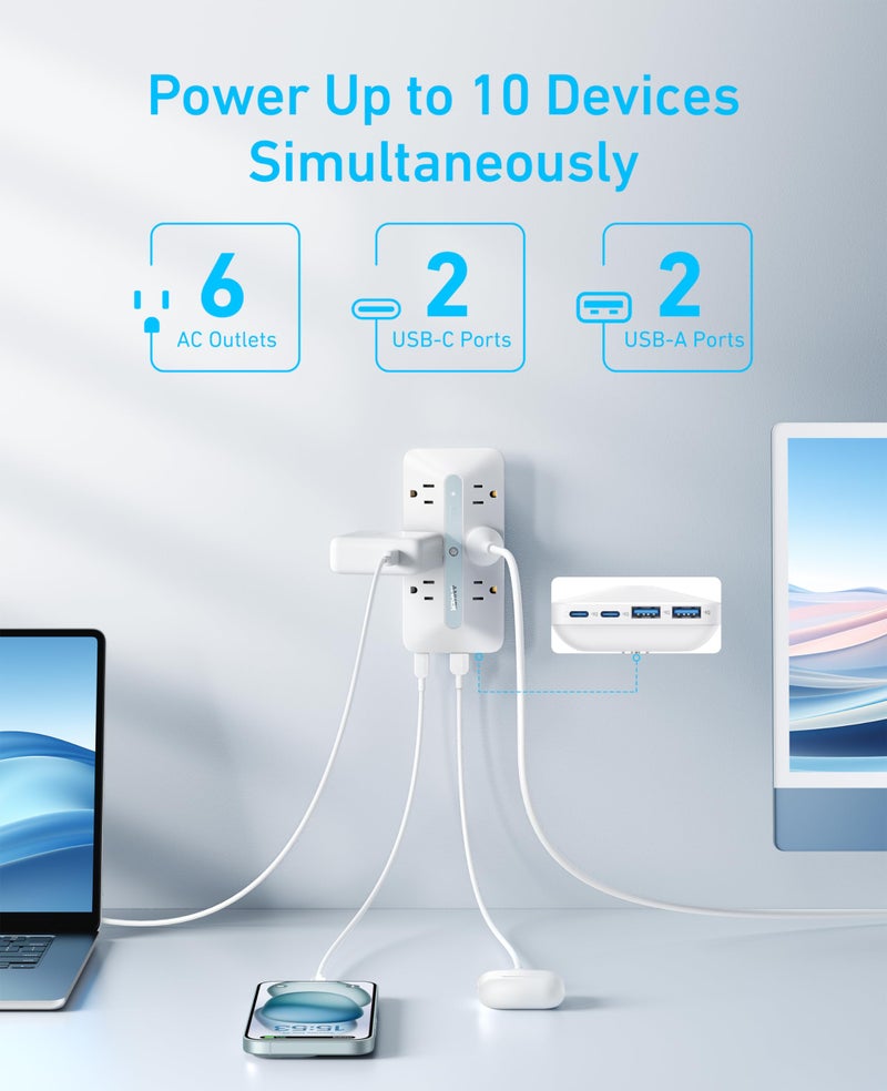 Anker Outlet Extender, Power Strip with 300J Surge Protector, 10-in-1 with 6 AC, 2 USB A, 2 USB C Ports, Wide-Spaces Outlets and 20W Fast Charging, Dorm Room Essentials - Image 3