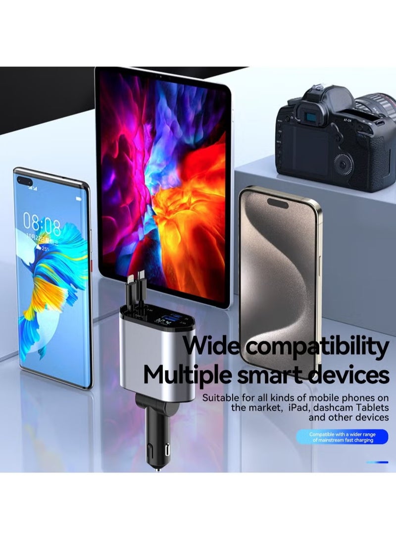 شاحن سيارة قابل للسحب 4 في 1 بقوة 120 وات متوافق مع هواتف iPhone 15/14/13/12/11 ومحول طاقة سريع للسيارة وكابلات 800 مم ومخرج من النوع C بقوة 100 وات ومنفذ USB وشاشة