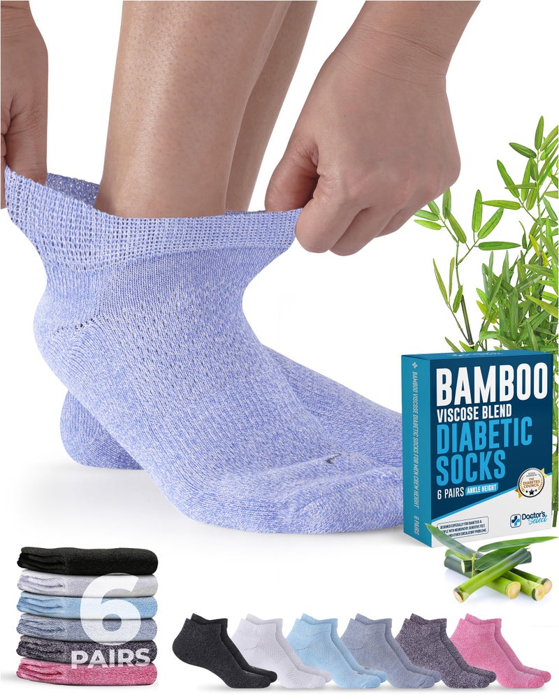 Doctor's Select Viscose Bamboo Ankle Diabetic Socks for Women and Men - 6 Pairs | Quarter Diabetic Socks for Men 9-12 | Edema Socks | Black, White, Light Blue, Blue, Purple, Pink - Image 1