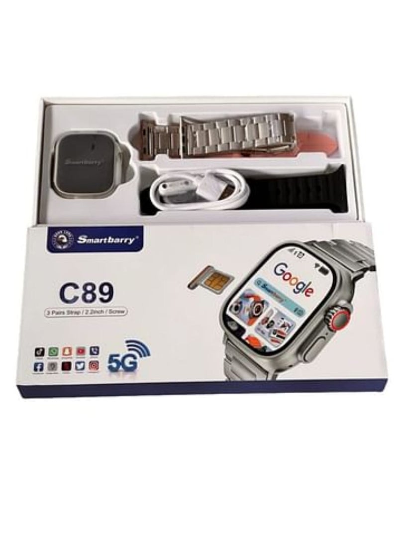 سمارت باري ساعة ذكية C89 بشاشة 2.2 بوصة مع 3 أزواج من الأشرطة مع دعم بطاقة SIM للجوال وشبكة 5G ودعم Google Play لجميع التطبيقات - Image 1