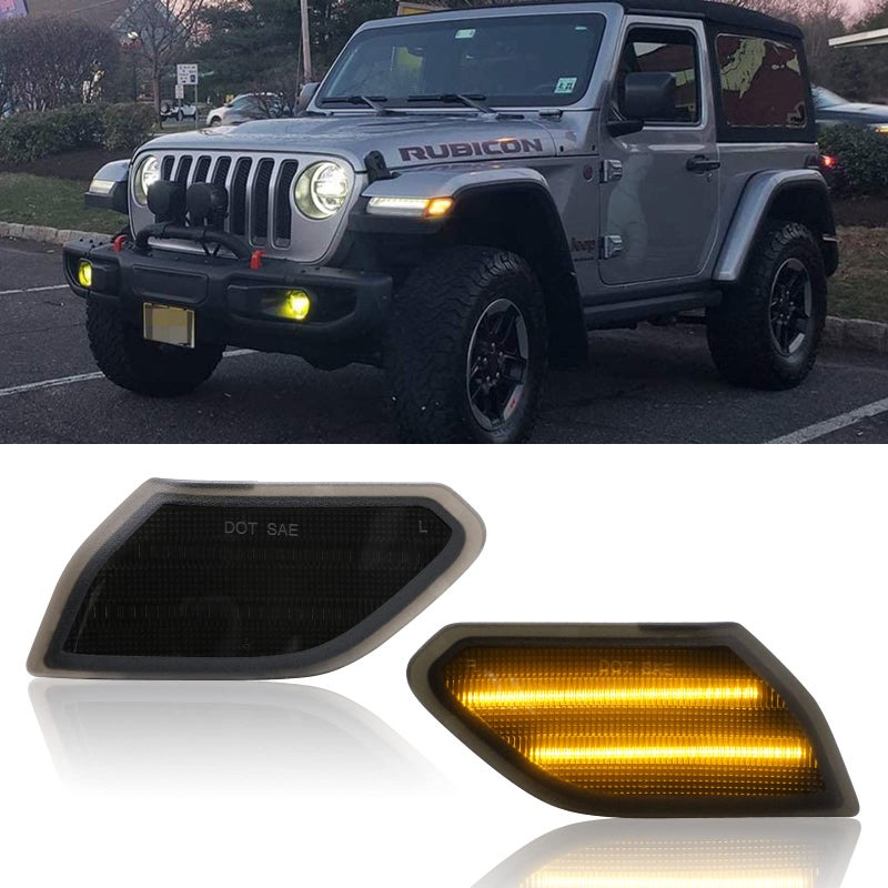 Aexploer Front Side Marker Lights Compatible with Wrangler JL JLU 20182025 For Gladiator JT 20202025 Amber Yellow Light Side Full LED Smoked Lens