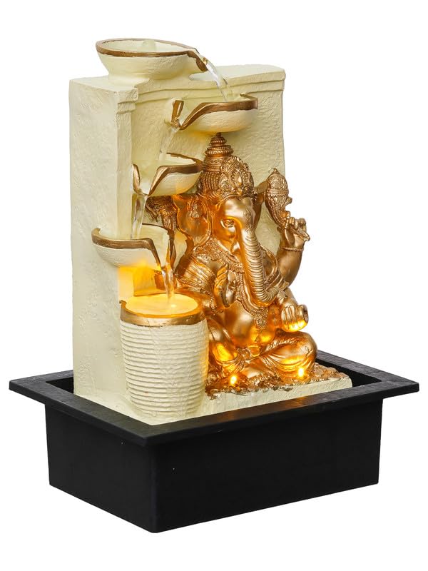 Craft Smith Polyresin White Golden Ganesha Idol Tabletop Indoor 4 Diya Steps Water Fountain for Home Decor with Yellow LED Light Speed Controller Pump Size 39 x 295 x 22CM Weight 2195grm - Image 2