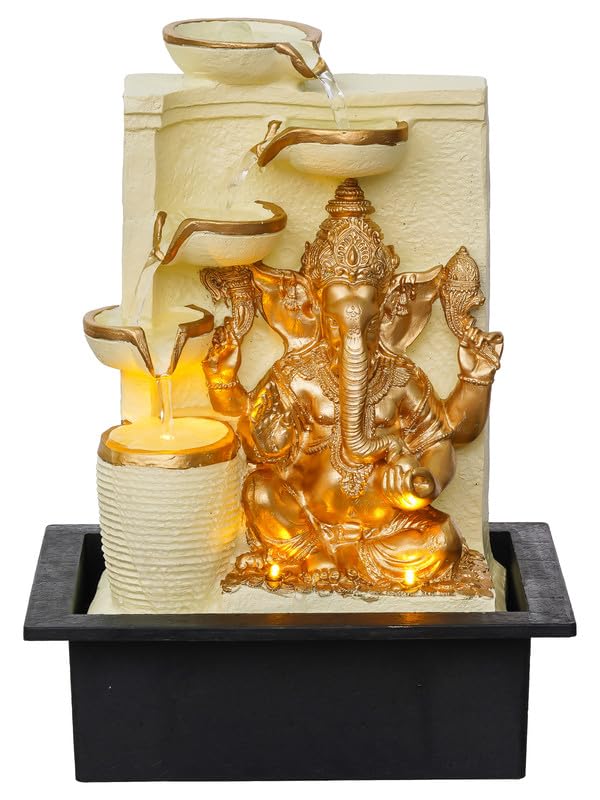 Craft Smith Polyresin White Golden Ganesha Idol Tabletop Indoor 4 Diya Steps Water Fountain for Home Decor with Yellow LED Light Speed Controller Pump Size 39 x 295 x 22CM Weight 2195grm - Image 5
