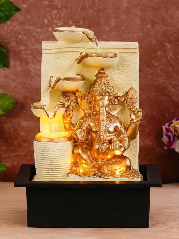 Craft Smith Polyresin White Golden Ganesha Idol Tabletop Indoor 4 Diya Steps Water Fountain for Home Decor with Yellow LED Light Speed Controller Pump Size 39 x 295 x 22CM Weight 2195grm - Image 1