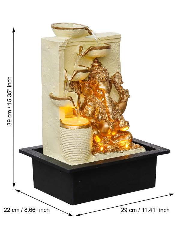 Craft Smith Polyresin White Golden Ganesha Idol Tabletop Indoor 4 Diya Steps Water Fountain for Home Decor with Yellow LED Light Speed Controller Pump Size 39 x 295 x 22CM Weight 2195grm - Image 3