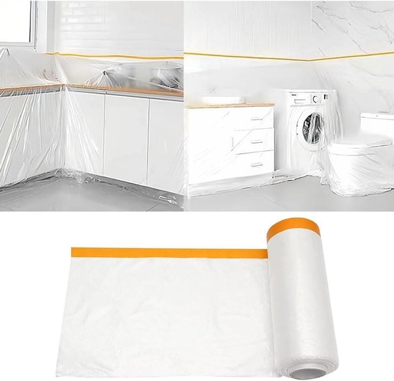 Goodern 4M x 20M Masking Film With Tape, Plastic Waterproof Dust-Proof Pre-Taped Drape, Transparent Painting Protective Masking for Furniture, Carpet, Bed Covering - Image 1