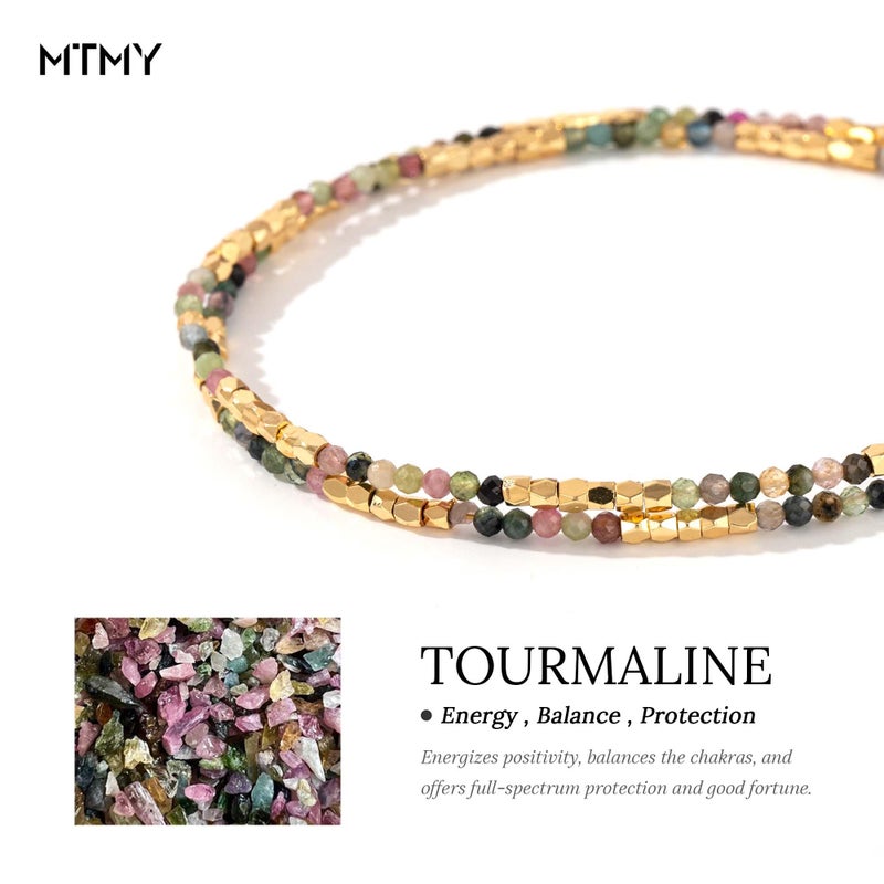 MTMY Beaded Gemstone Choker Necklace for Women, 14K Gold Plated Boho Colorful Natural Stone Bead Chain Necklace Summer Beach Handmade Jewelry(Tourmaline) - Image 3