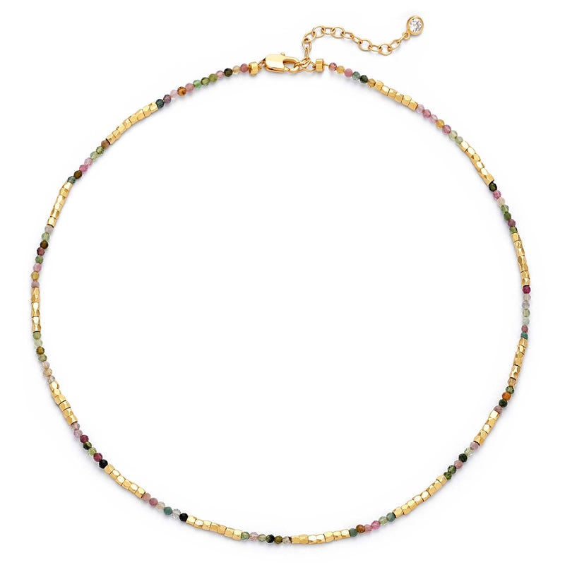 MTMY Beaded Gemstone Choker Necklace for Women, 14K Gold Plated Boho Colorful Natural Stone Bead Chain Necklace Summer Beach Handmade Jewelry(Tourmaline) - Image 1