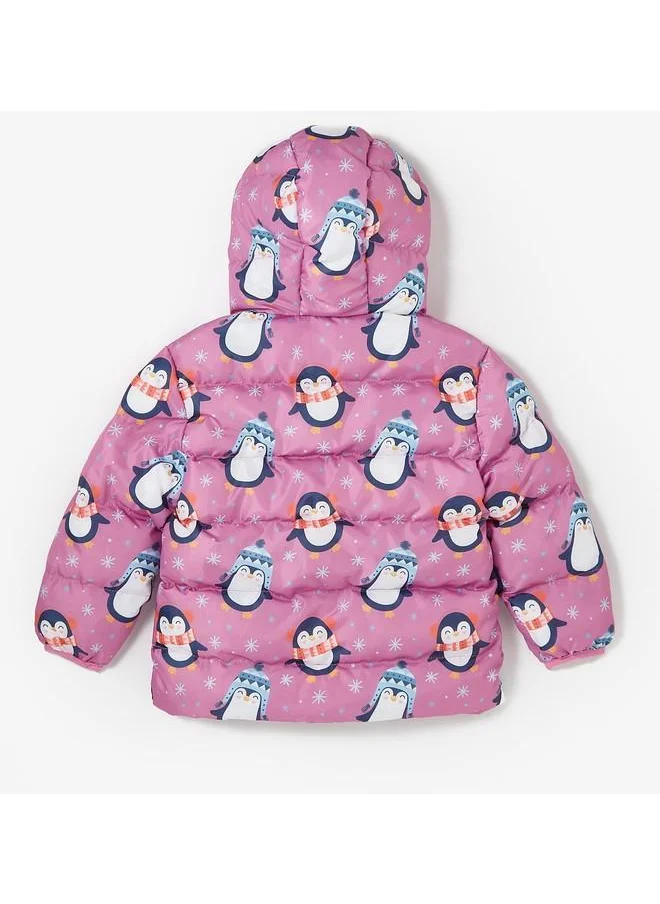 جون June Girl Penguin Patterned Fleece Inner Coat Pink