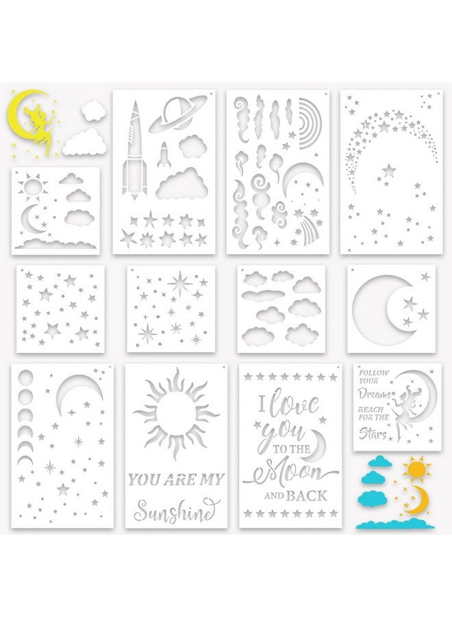 La Jolie Jasmin 12 Pieces Moon Star Cloud Stencils For Painting Reusable Drawing Painting Stencils Sun Clouds Template For Home Decoration On Wood Wall Crafts Projects - Image 1