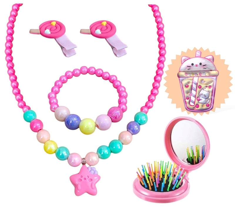 Tera13 Girls Kids Gift Set, Mala Necklace Set With Hair Accessories Kit (pack of 3) Combo Set For Women & Gi-rls, B-Day, Kanjak, Rakhi Return Gift For Girls Gi-ft Items, Bracelete, Hair Clip Rubber - Image 1