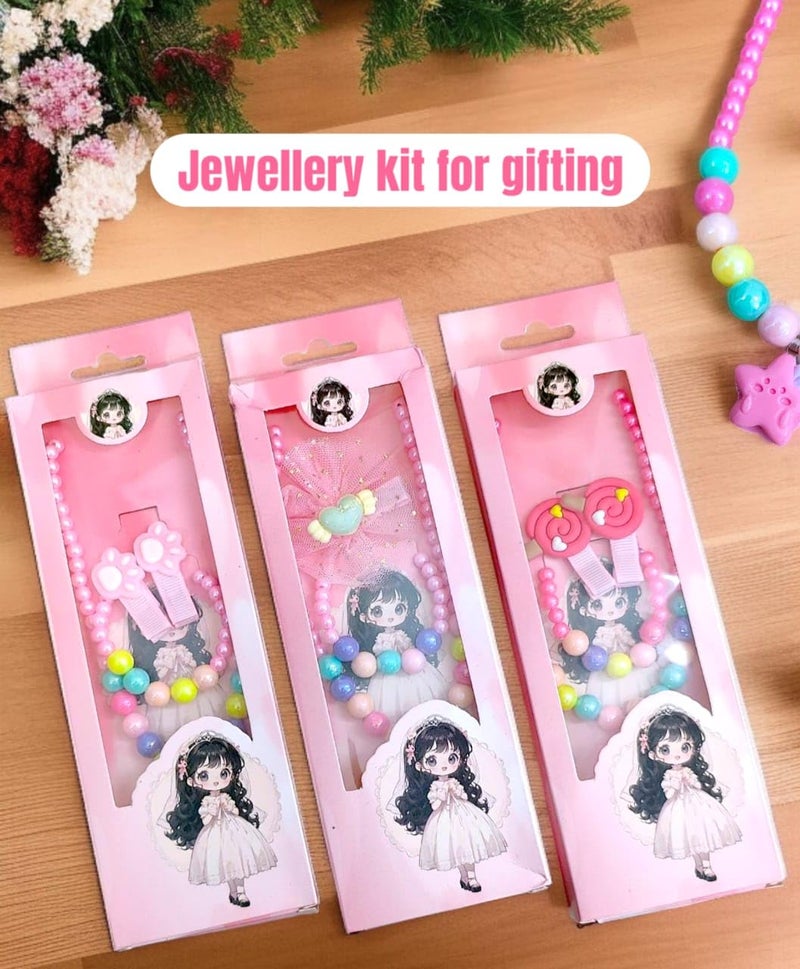 Tera13 Girls Kids Gift Set, Mala Necklace Set With Hair Accessories Kit (pack of 3) Combo Set For Women & Gi-rls, B-Day, Kanjak, Rakhi Return Gift For Girls Gi-ft Items, Bracelete, Hair Clip Rubber - Image 3