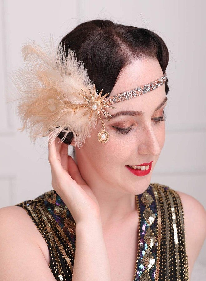 Aimimier 1920s Flapper Feather Headband Champagne Feather Headpiece with Rhinestone Head Chain Hair Accessories for Women - Image 3