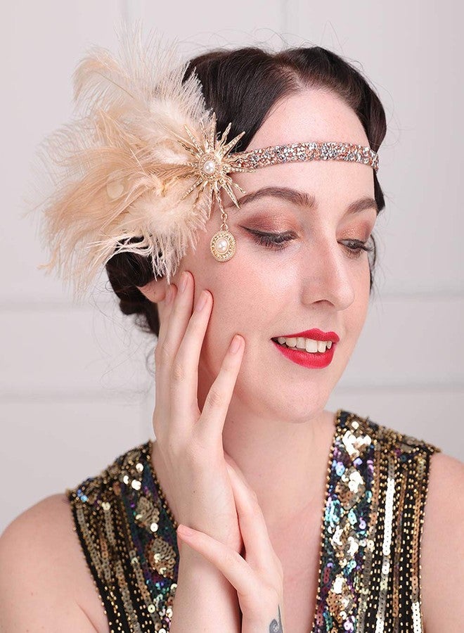 Aimimier 1920s Flapper Feather Headband Champagne Feather Headpiece with Rhinestone Head Chain Hair Accessories for Women - Image 1