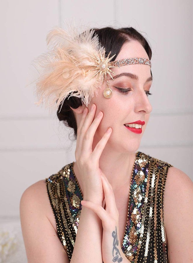 Aimimier 1920s Flapper Feather Headband Champagne Feather Headpiece with Rhinestone Head Chain Hair Accessories for Women - Image 4