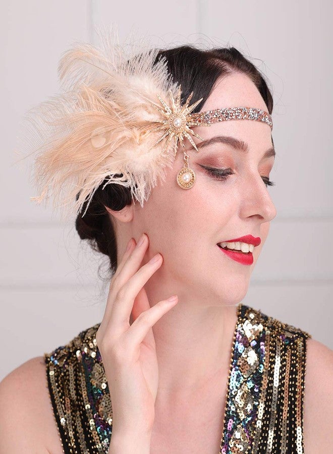 Aimimier 1920s Flapper Feather Headband Champagne Feather Headpiece with Rhinestone Head Chain Hair Accessories for Women - Image 2