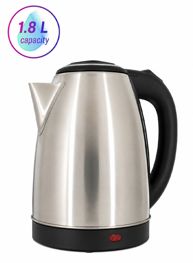 1500W stainless steel electric kettle with a 1.8 L capacity and rotating base. Features include a heat-resistant handle, power indicator, overheat protection, and automatic shut-off. - Image 1
