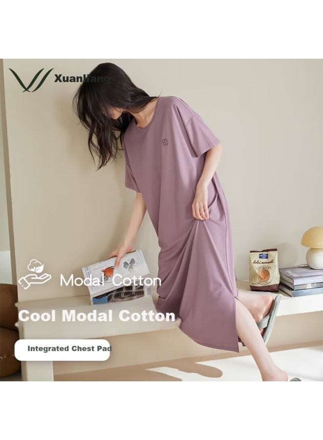 XULEN Modal Cotton Nightgown With Chest Pad Women Summer Thin Cool Short Sleeve Home Wear 63263 Mist Purple 3Xl - Image 1