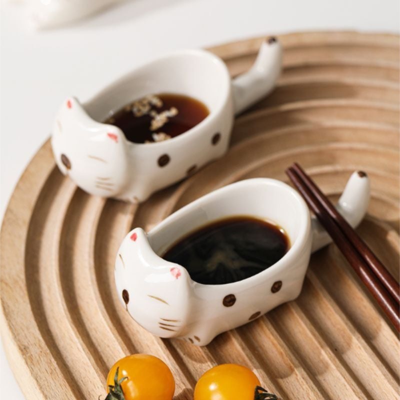 طبق مأوى سيراميك لطيف على شكل قطة إبداعي للصلصات، أبيض، 2 قطع - Image 2