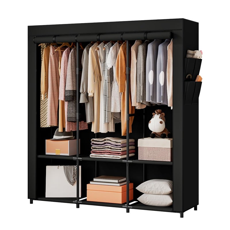 SORCEDAS Portable Closet Wardrobe Storage Organizer Metal Hanging Rack Non-Woven Fabric 50 Inch (Black) - Image 1