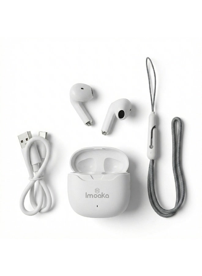 IMOAKAWireless Earbuds with Extra Bass, Super Stereo Sound, Bluetooth Earphones with Charging Case and Lanyard, White, Model IK-23000 - Image 3