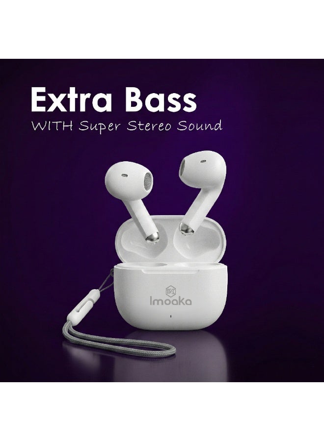 IMOAKAWireless Earbuds with Extra Bass, Super Stereo Sound, Bluetooth Earphones with Charging Case and Lanyard, White, Model IK-23000 - Image 1