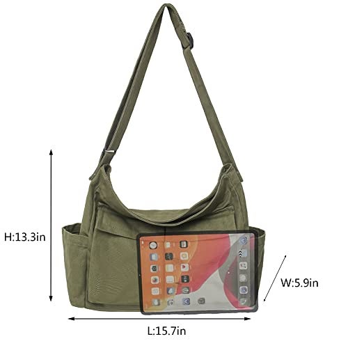 PRAGARI Canvas Messenger Bag Crossbody for Women Green Shoulder Aesthetic Laptop Tote Bag Hobo Large Cute School Travel Vintage Multiple Pockets - Image 5
