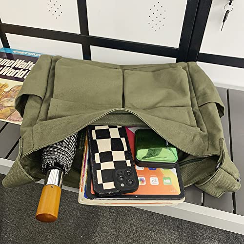 PRAGARI Canvas Messenger Bag Crossbody for Women Green Shoulder Aesthetic Laptop Tote Bag Hobo Large Cute School Travel Vintage Multiple Pockets - Image 2