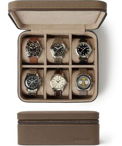 TAWBURY Watch Case - 6 Slot Genuine Top-Grain Leather Watch Box for Men & Women with Extra Wide Pillows for Large Watches - Portable Wristwatch Storage for Home & Travel (Taupe) - Image 1