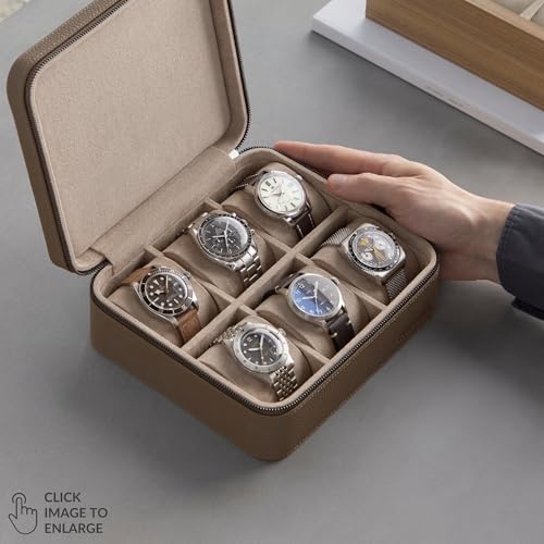 TAWBURY Watch Case - 6 Slot Genuine Top-Grain Leather Watch Box for Men & Women with Extra Wide Pillows for Large Watches - Portable Wristwatch Storage for Home & Travel (Taupe) - Image 2