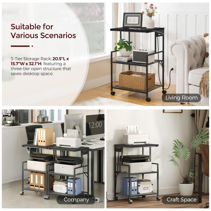 MAHANCRIS Mobile Printer Stand, 3-Tier Industrial Printer Cart with Power Outlets and 2 USB Ports, Rolling Printer Table on Wheels for Home Offices Kitchen Organization Rack, Black PTHB78E01 - Image 3