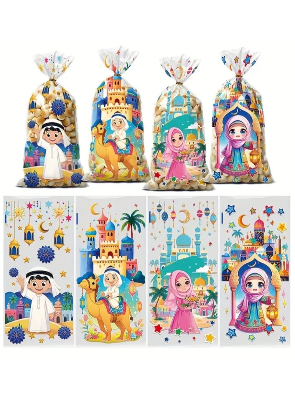 50-Pack Ramadan Flat Pockets,4-in-1 Mix Transparent Plastic Gift Bags With Drawstring Closure, Hand Washable, Reusable, Water-Resistant, Uncoated, Eid Party Favors and Islamic Holiday Packaging.