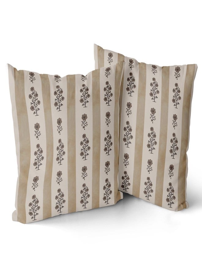 Giwawa Floral Throw Pillow Covers 18x18 Inch Set of 2 Brown Striped Pattern Pillow Covers Neutral Farmhouse Decorative Pillow Case Vintage Square Cushion Covers for Sofa Couch Bed - Image 1