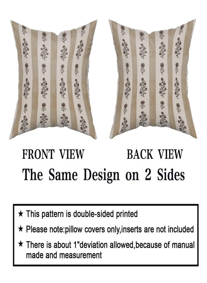 Giwawa Floral Throw Pillow Covers 18x18 Inch Set of 2 Brown Striped Pattern Pillow Covers Neutral Farmhouse Decorative Pillow Case Vintage Square Cushion Covers for Sofa Couch Bed - Image 3