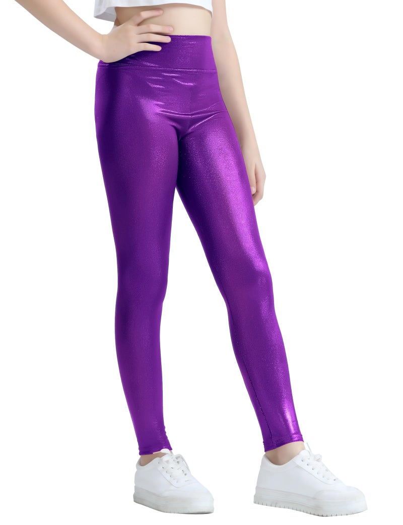 Gnainach Girls Shiny Metallic Leggings Size 8-9 Years Old Sparkly Purple High Waist Pants Breathable Bright Tights for Kids Sports - Image 1