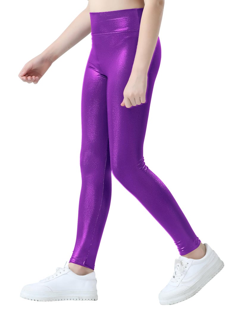 Gnainach Girls Shiny Metallic Leggings Size 8-9 Years Old Sparkly Purple High Waist Pants Breathable Bright Tights for Kids Sports - Image 3